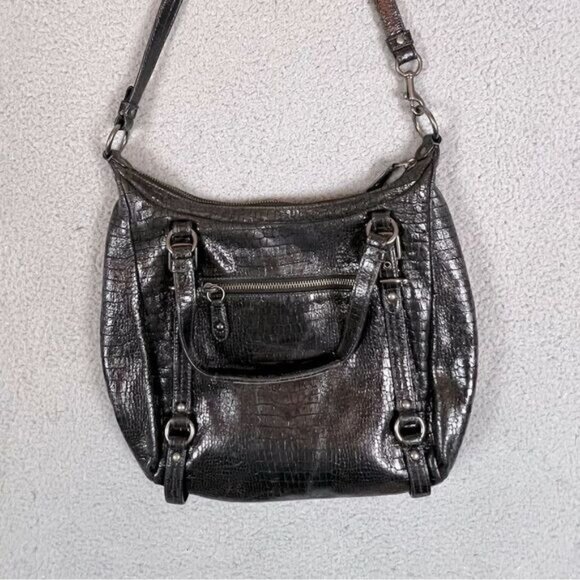COACH 15384 CROCODILE EMBOSSED ALEXANDRA BLACK LEATHER SHOULDER BAG - Picture 1 of 9